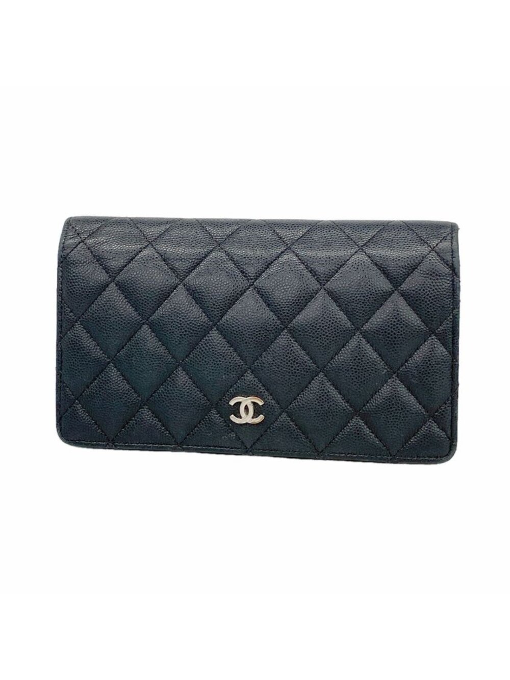 Chanel Wallet Quilted Caviar Leather Black Silver